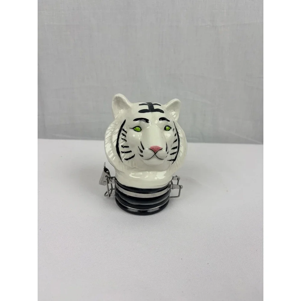 Contained Art White Tiger Head Ceramic Jar Airtight Latch Lid Green Eyes Decor